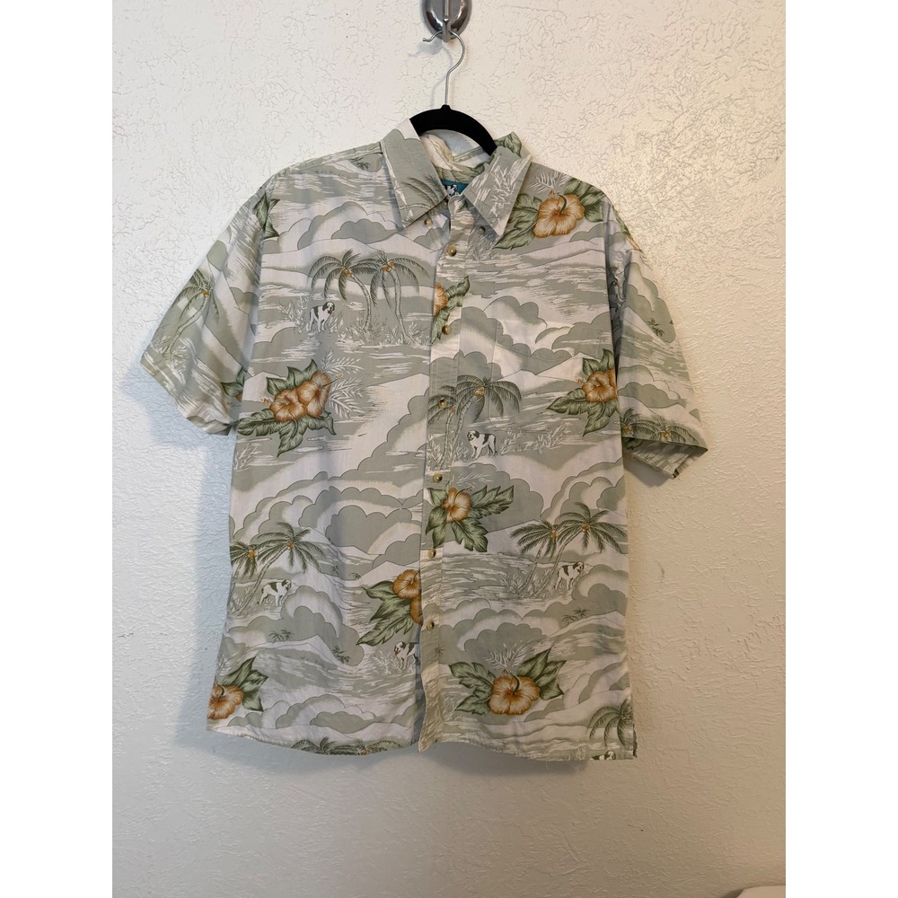 Big Dogs Mens Tropical Palm Tree Hibiscus Print Cotton Aloha Shirt Sage S/M